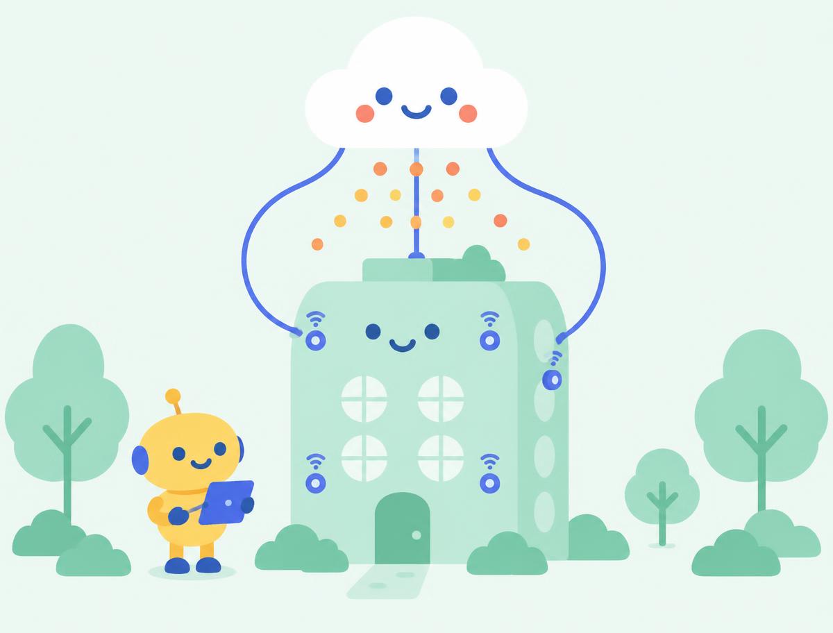 Illustration of a building with IoT sensors connected to an AI cloud